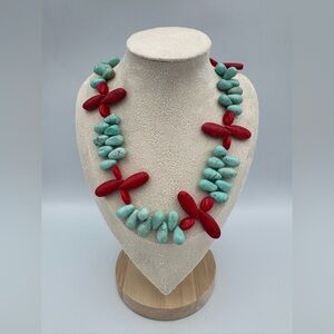 Vintage Southwestern Style Turquoise Red Bead Necklace Handmade Look